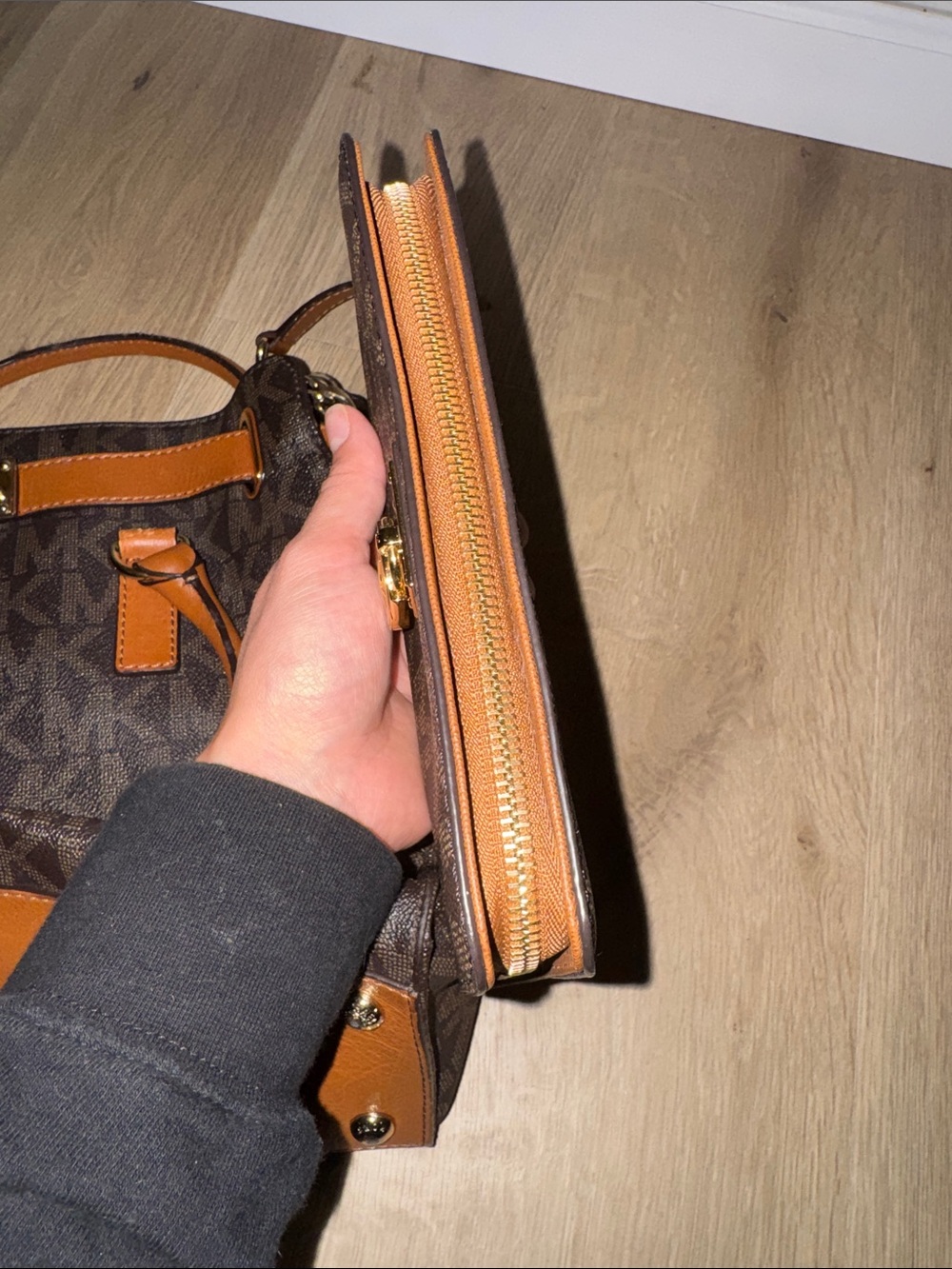 Michael Kors Dark Brown Monogram Tote with Tan Trim and matching wallet - Picture 9 of 9